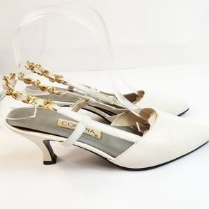 Vintage Sling‎ Back Kitten Heel Corsina back strap chain Ivory heels